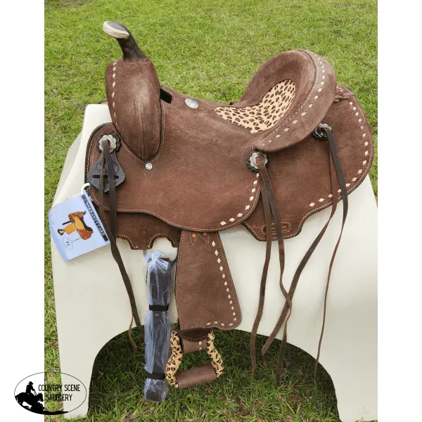 10" Double T  Youth Hard Seat Barrel style saddle with Cheetah Seat.