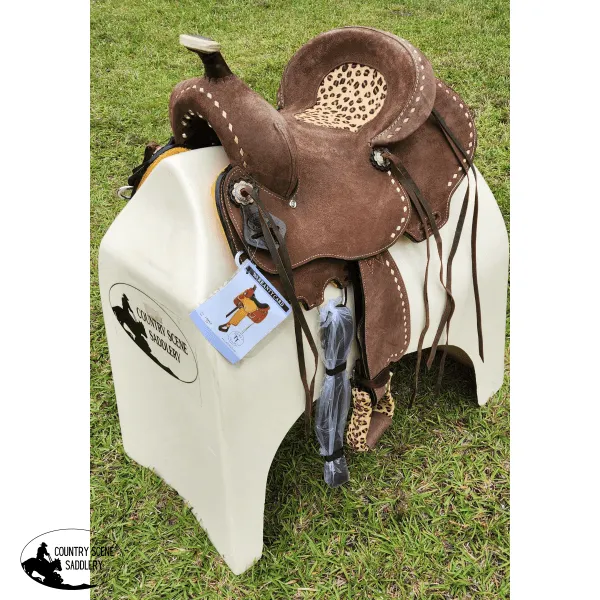 10" Double T  Youth Hard Seat Barrel style saddle with Cheetah Seat.