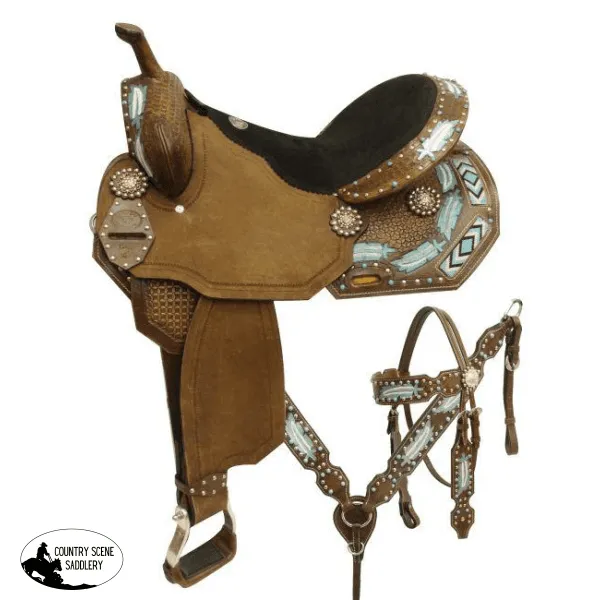 14", 15", 16" Double T style barrel saddle set with metallic painted feathers and beaded inlay