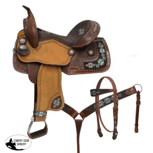 14", 15"Double T barrel style saddle set with embroidered Navajo.