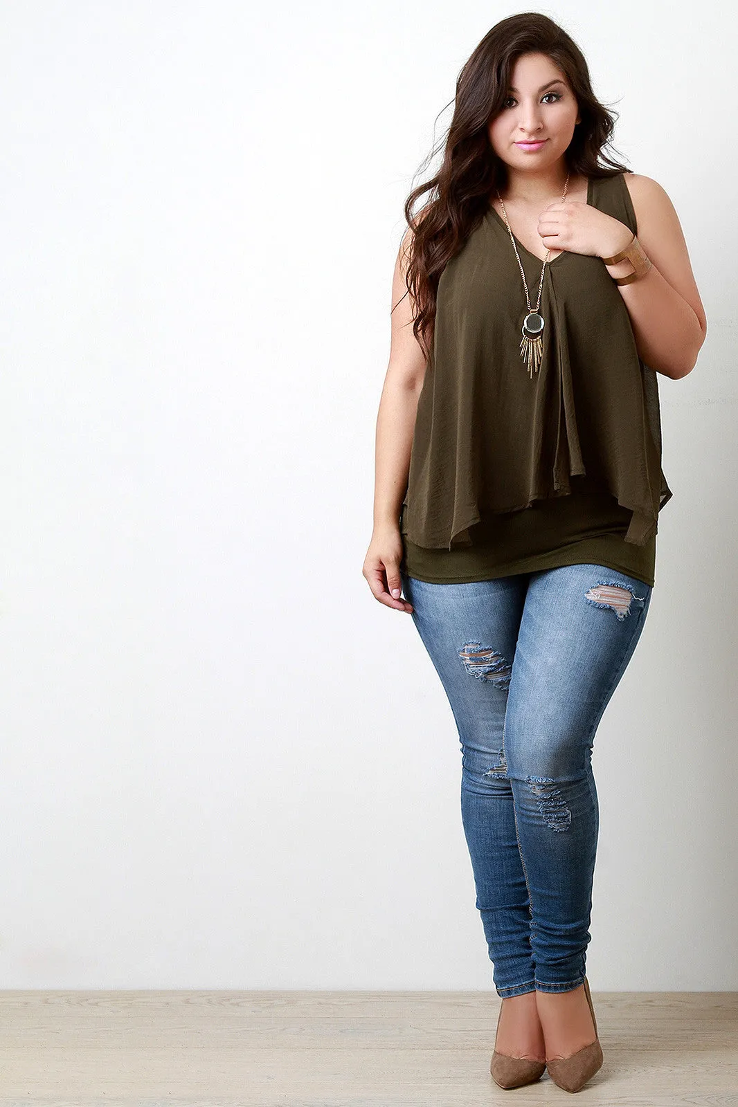 Chiffon Overlay Sleeveless Necklace Top