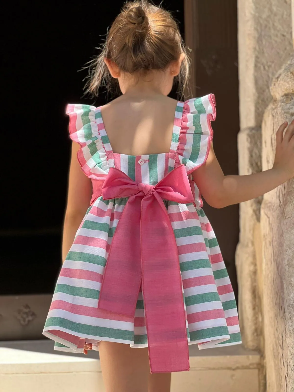 CLEARANCE SALE - La Peppa - Girls White, Pink & Green Stripe Dress