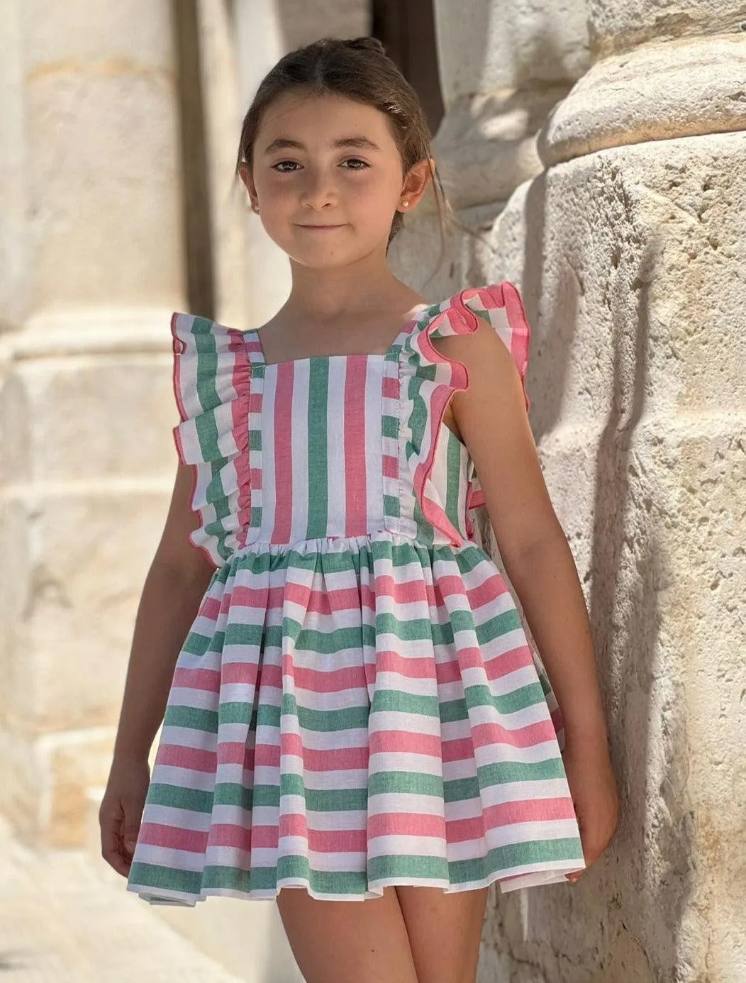 CLEARANCE SALE - La Peppa - Girls White, Pink & Green Stripe Dress