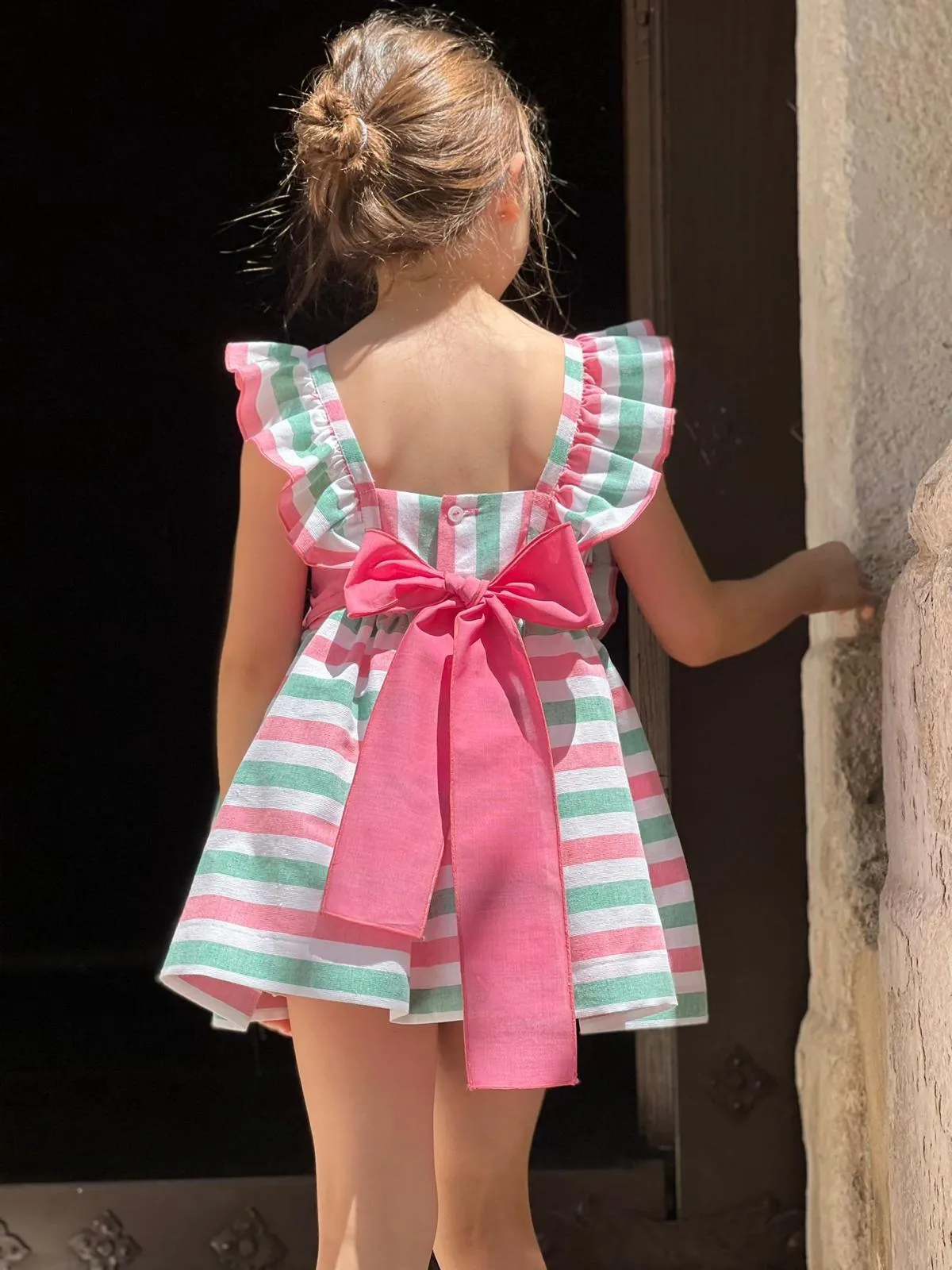 CLEARANCE SALE - La Peppa - Girls White, Pink & Green Stripe Dress