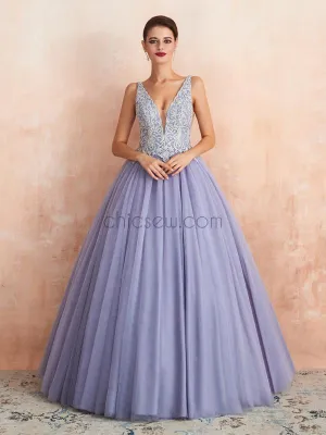 Deep V Neck Lace Top Tulle Open Back A Line Long Evening Prom Dresses ,XDM1187