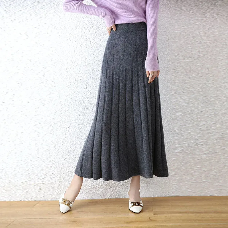 Elegant Thick Warm Pleated Knitted Pure Wool High Waist Trendy Autumn Winter Skirt