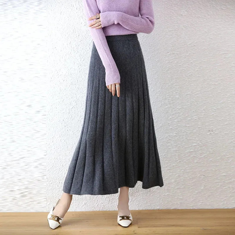 Elegant Thick Warm Pleated Knitted Pure Wool High Waist Trendy Autumn Winter Skirt