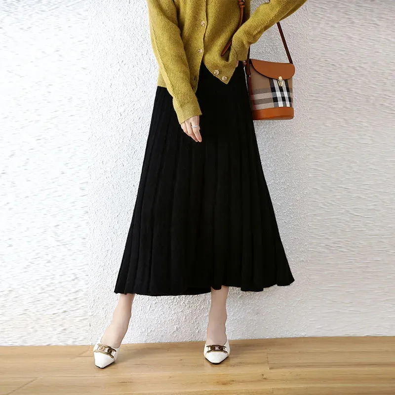 Elegant Thick Warm Pleated Knitted Pure Wool High Waist Trendy Autumn Winter Skirt