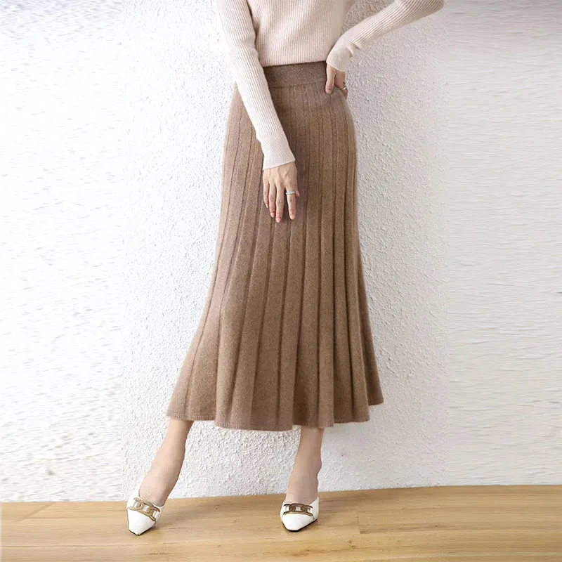 Elegant Thick Warm Pleated Knitted Pure Wool High Waist Trendy Autumn Winter Skirt