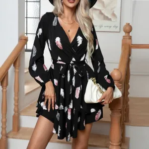 Feather Printed Multi-layer Hem V-neck Mini Dress for Women with Ruffle Lace-up Full Sleeve