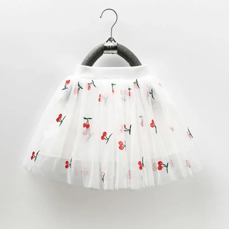 Girls 2024 Summer New Solid Color Lace Simple Print Cherry Embroidery/Half skirt