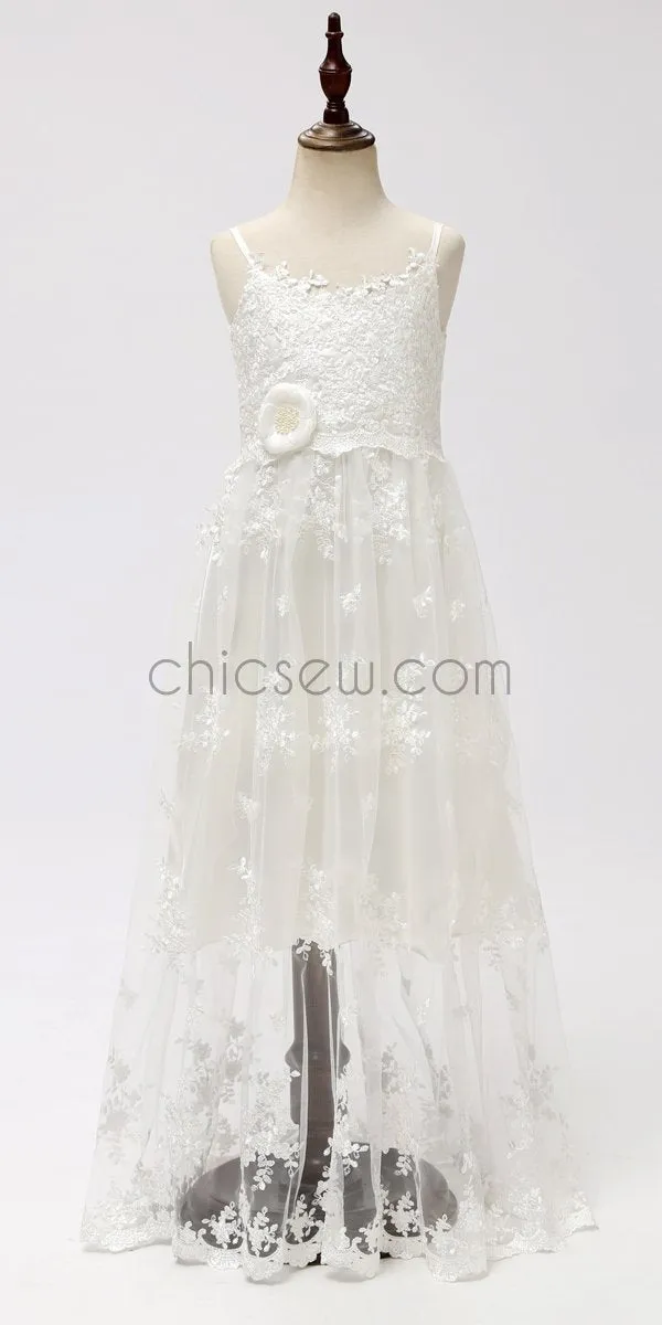 Ivory Tulle Lace A-line Long Flower Girl Dresses SDP1120