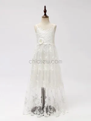 Ivory Tulle Lace A-line Long Flower Girl Dresses SDP1120