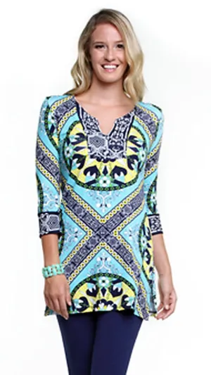 Joyous & Free - Medallion, 3/4 Sleeve Tunic Mini Dress with Sweetheart Collar