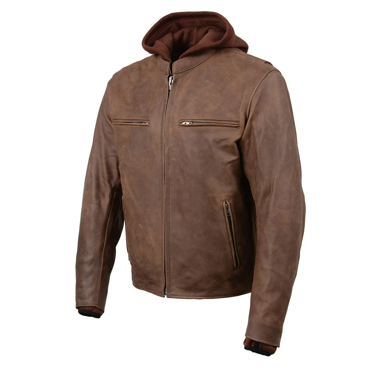 Milwaukee Leather MLM1518 Men's 'Scoundrel' Vintage Crazy Horse Brown Leather Jacket w/ Removable Hoodie