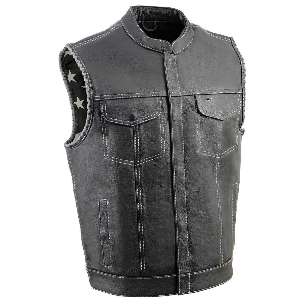 Milwaukee Leather MLM3507 Men's Old Glory Black Naked Leather Club Style Vest w/ Grey Stitching Laced Armholes