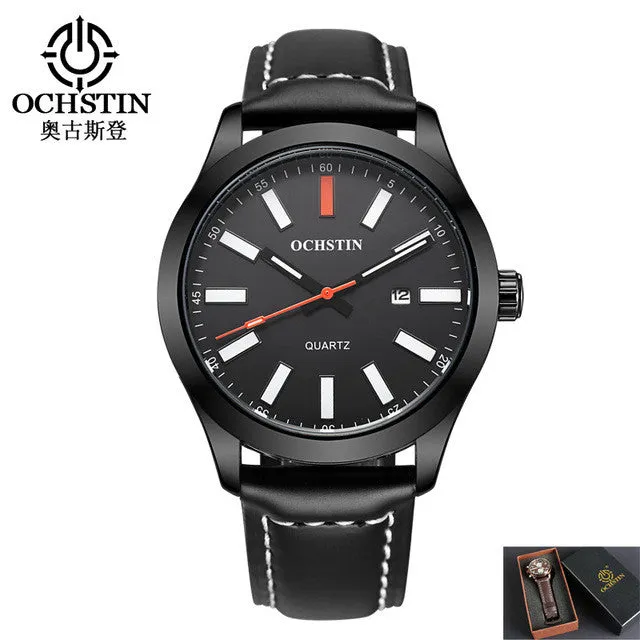 OCHSTIN Mens Watch Brand Logo Luxury Casual Black Genuine Leather Waterproof White Blue Red Face Diver Luminous Sport Watch