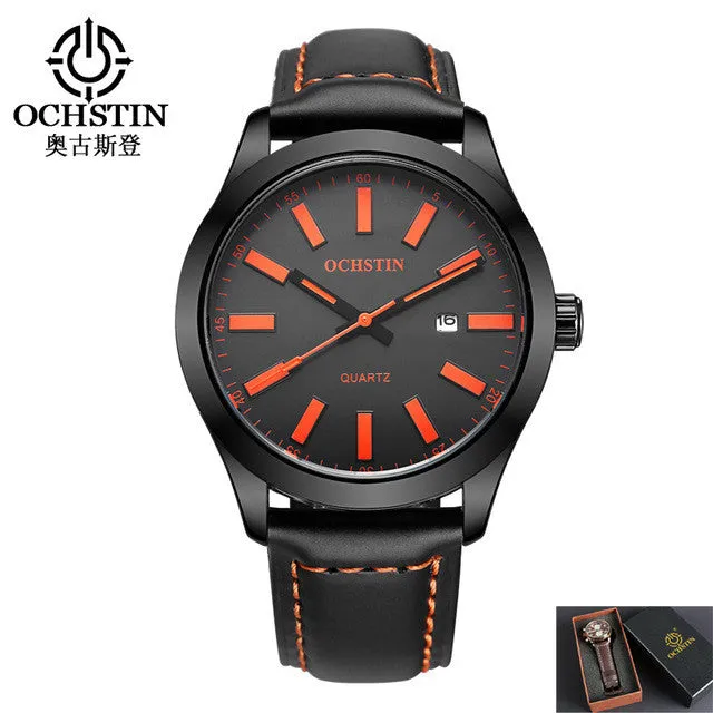 OCHSTIN Mens Watch Brand Logo Luxury Casual Black Genuine Leather Waterproof White Blue Red Face Diver Luminous Sport Watch