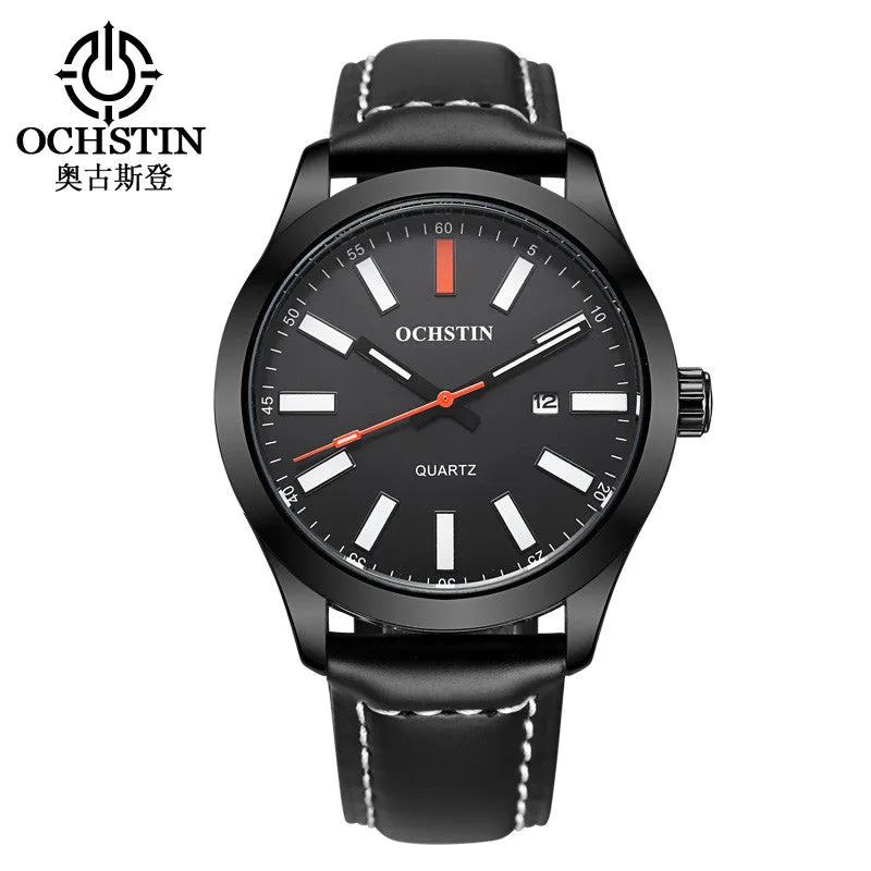 OCHSTIN Mens Watch Brand Logo Luxury Casual Black Genuine Leather Waterproof White Blue Red Face Diver Luminous Sport Watch