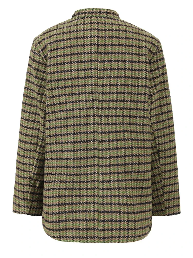 Pre Order:  Green Plaid Stand Collar Coat