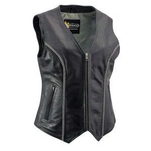 Xelement XS24002 Women's 'Bling' Black Leather V-Neck Motorcycle Rider